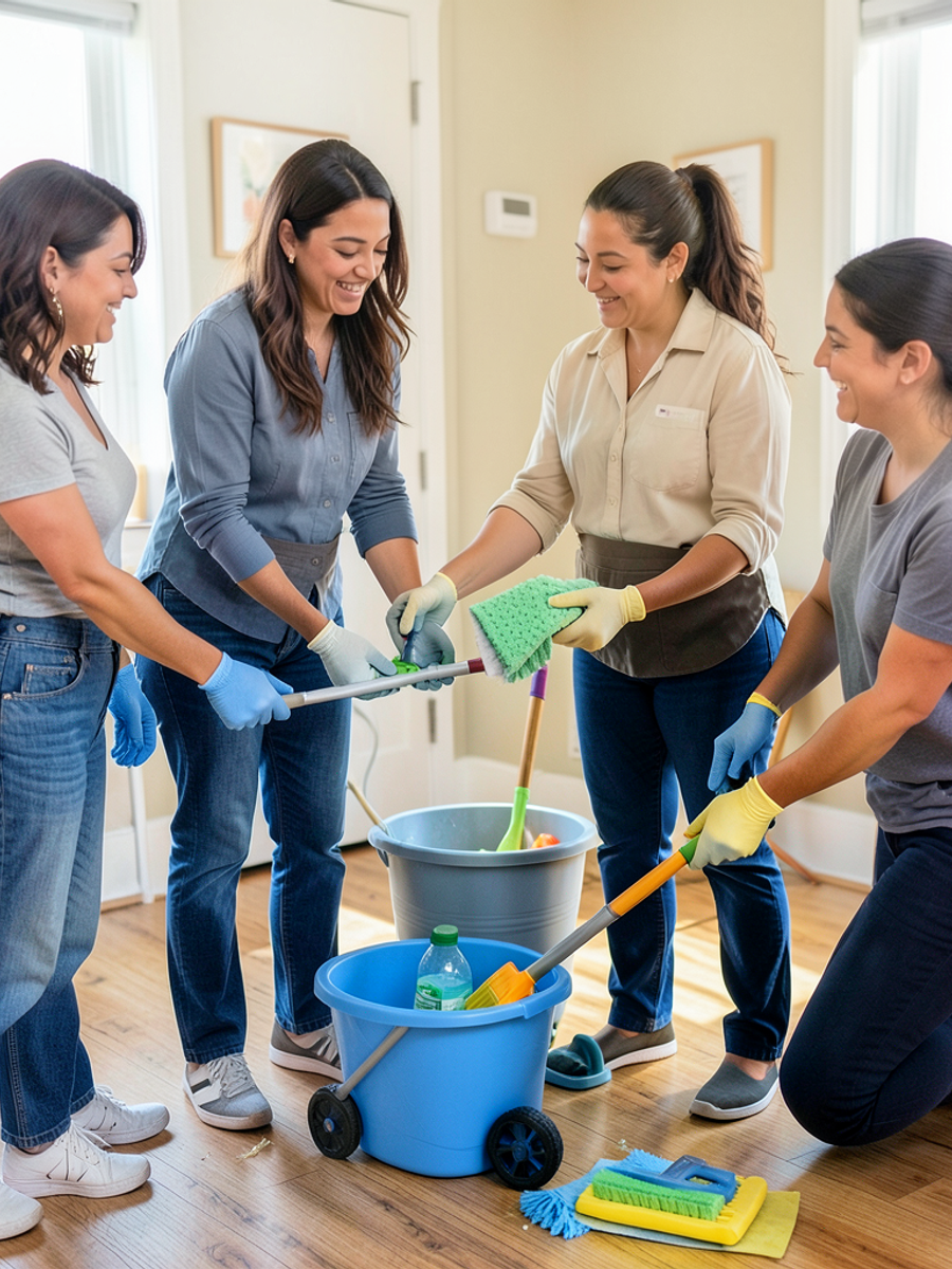 Two Latina female cleaning professionals working together to clean a residential home.