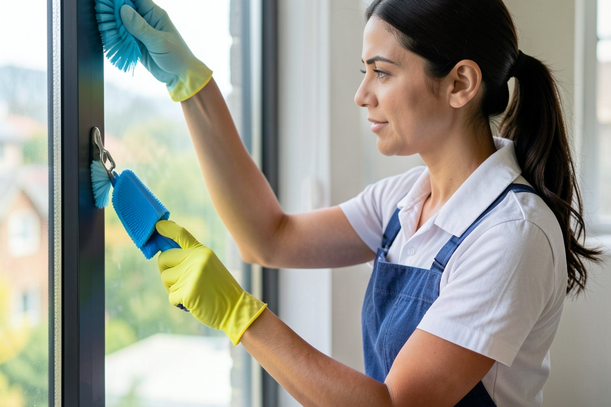 A Latina woman cleaning a window with precision.