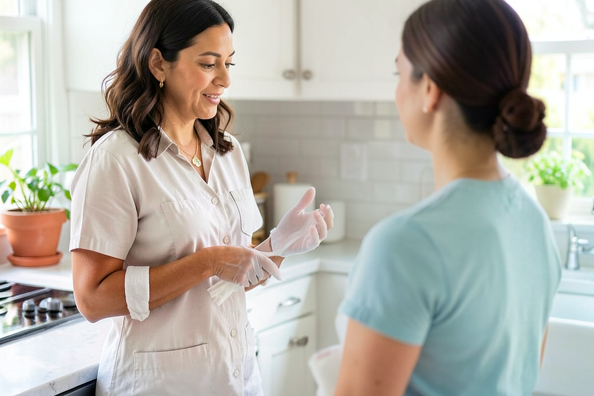 A Latina woman discussing cleaning options with a customer in a bright kitchen.