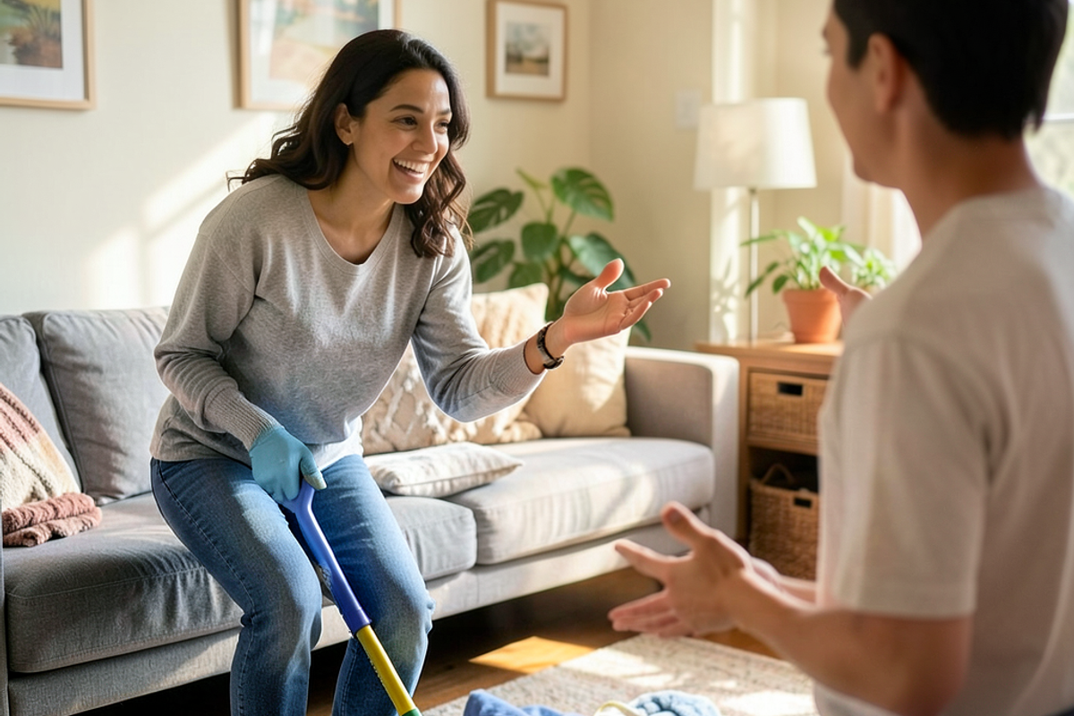 A friendly Latina woman cleaning a living room while engaging with a customer about services.