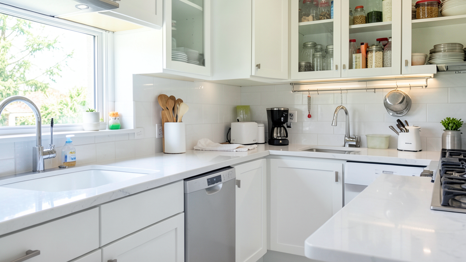 A sparkling clean kitchen with organized cabinets and gleaming countertops, showcasing professional cleaning results.