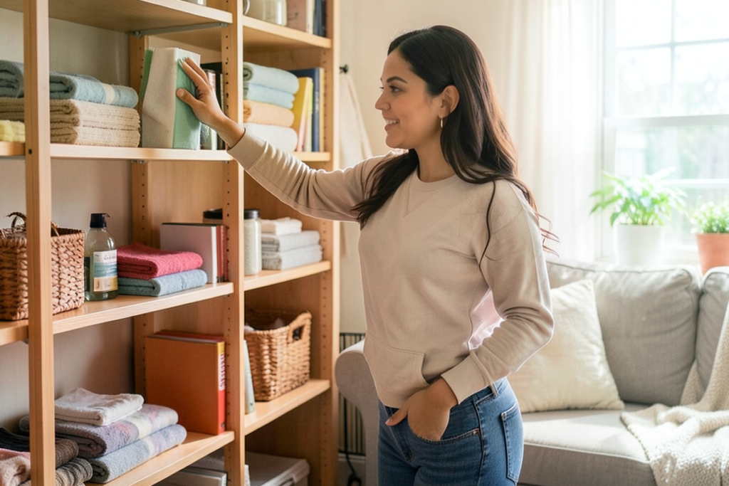 A Latina woman dusting shelves in a cozy living room.