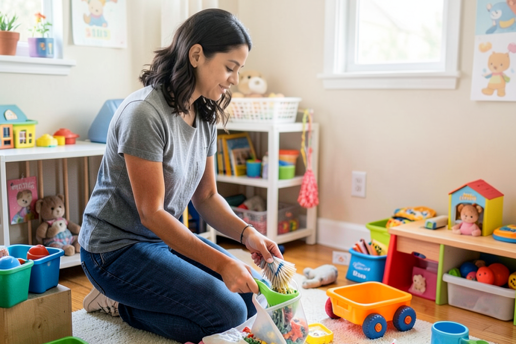 A Latina female cleaning professional tidying and cleaning a child’s playroom.