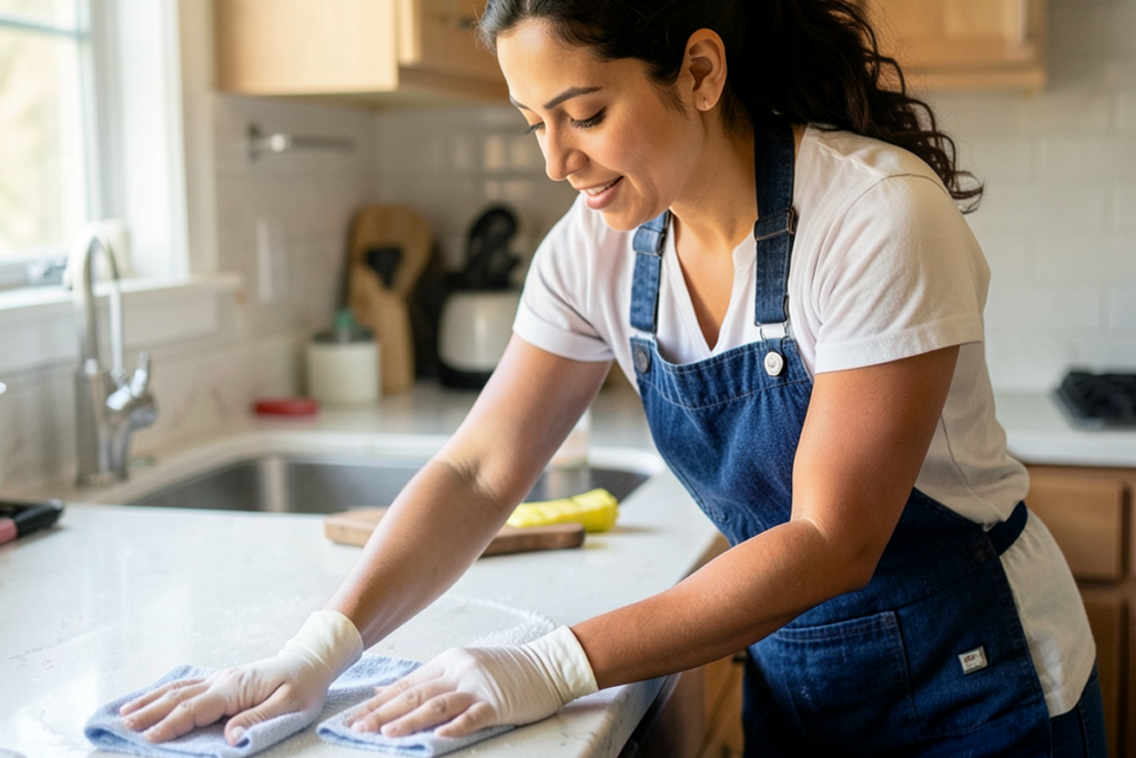 A Latina woman wiping down kitchen counters with diligence.