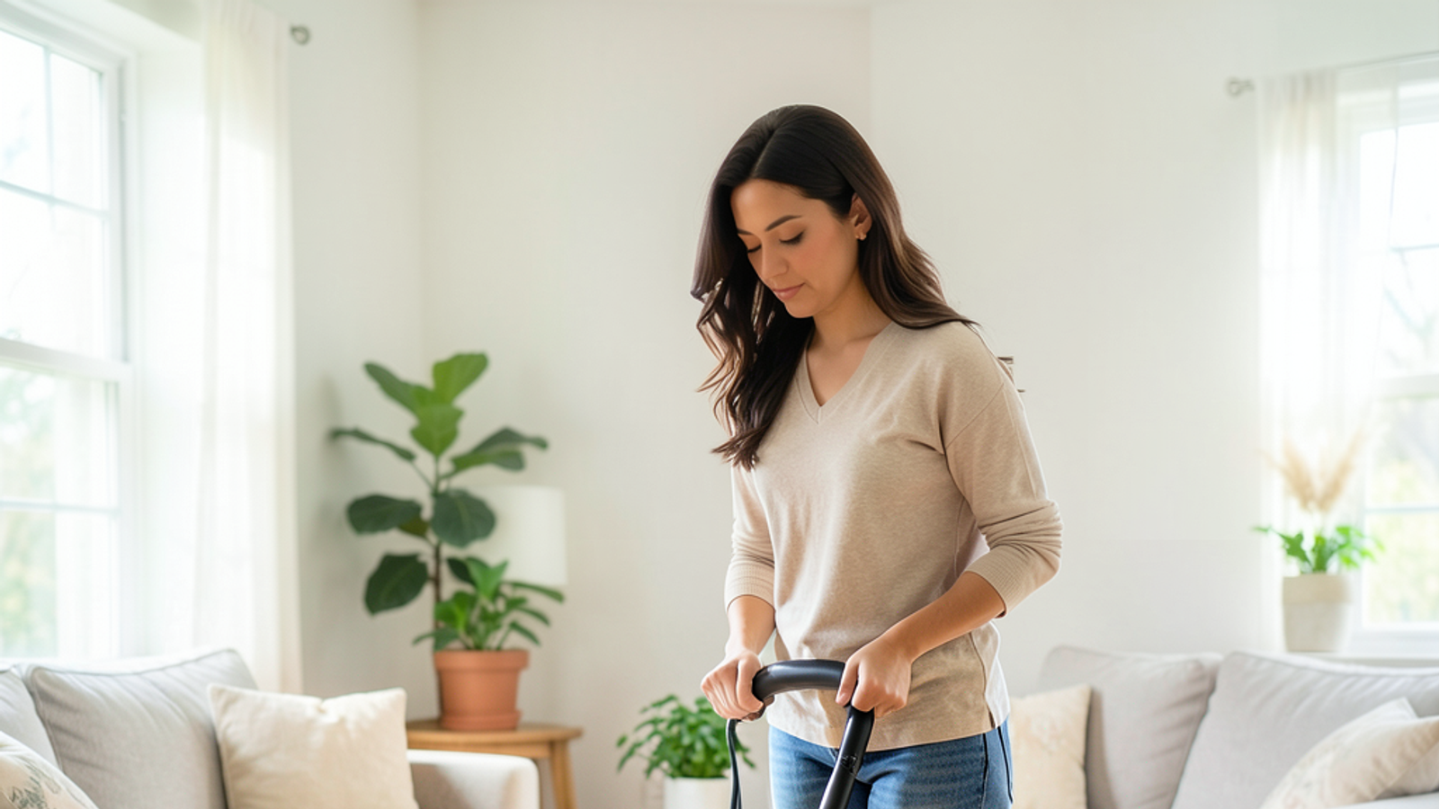 a Latina woman using a vacuum cleaner in a well-lit living room, demonstrating her cleaning expertise and dedication to detail