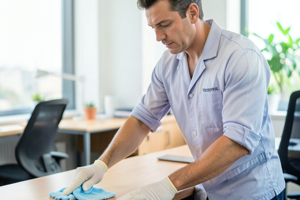 A Latina female cleaner wearing a cleaning uniform, wiping an office desk in a tidy workspace.