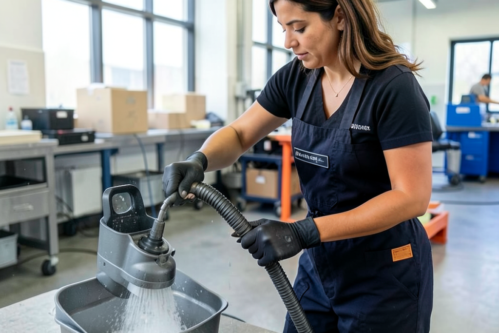 A Latina female cleaning professional deep cleaning a commercial space with professional cleaning supplies.