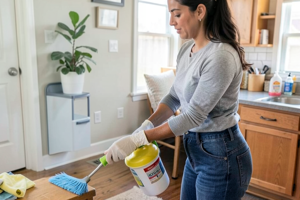 A Latina woman preparing a home for new residents with thorough cleaning.