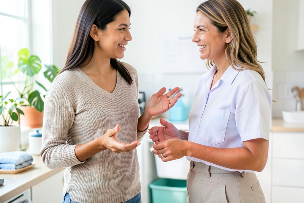 A Latina woman talking with a satisfied customer in a clean home.