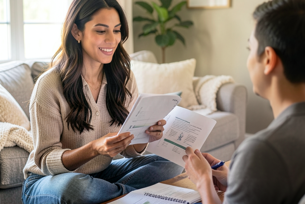 A Latina woman discussing a cleaning plan with a client in a bright living room.