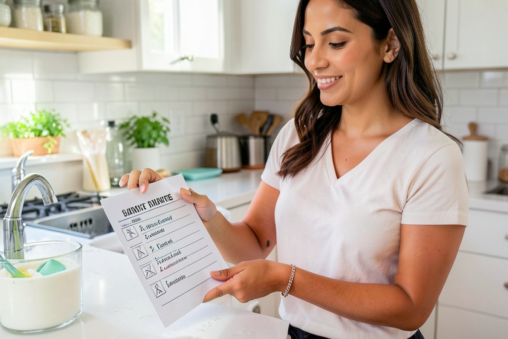 A Latina cleaning professional showing a client a completed job walkthrough in a bright kitchen after cleaning.